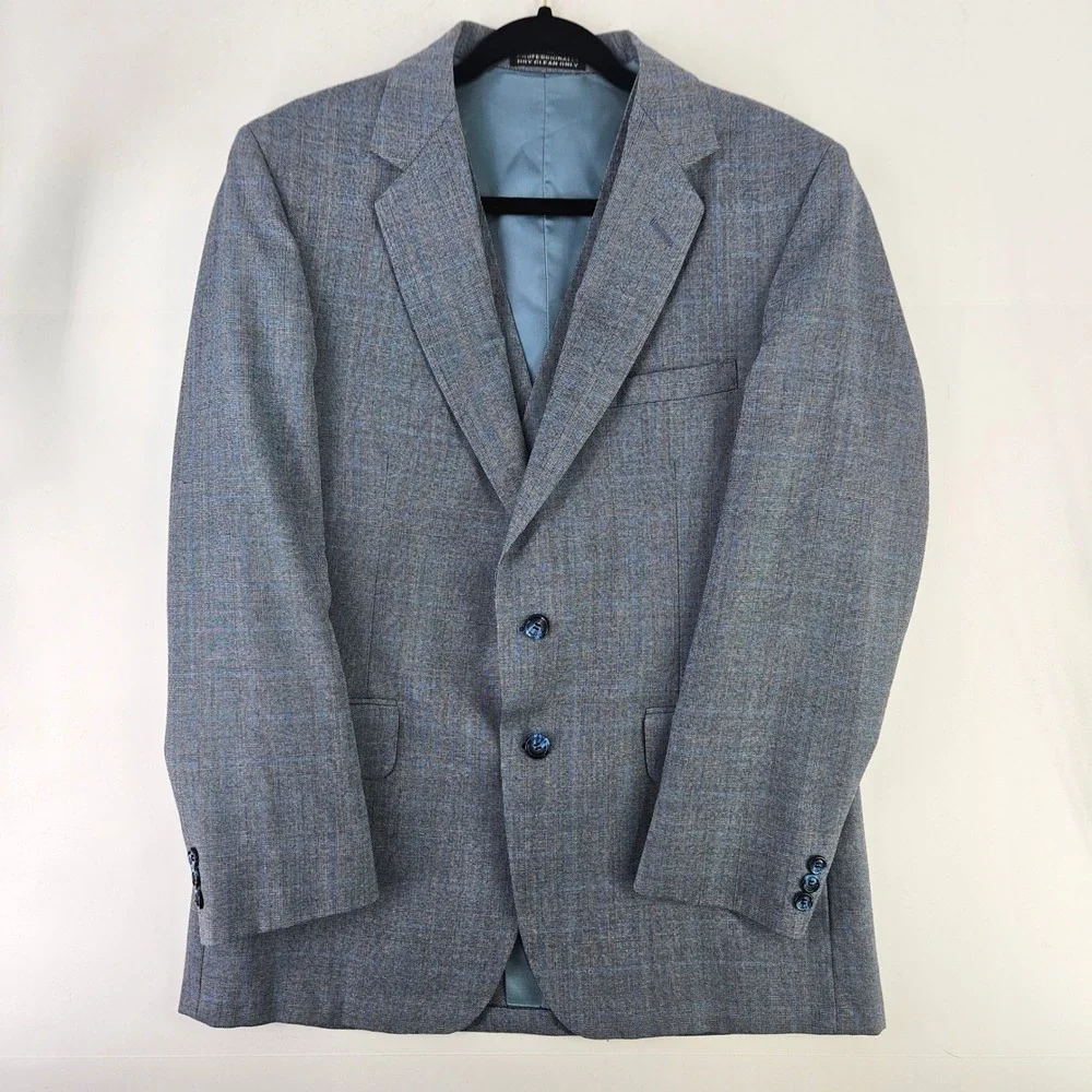 Vintage 80s Blue Grey Glen Plaid‎ 3pc Suit Single Breasted 2 Button Med ~40R-42R